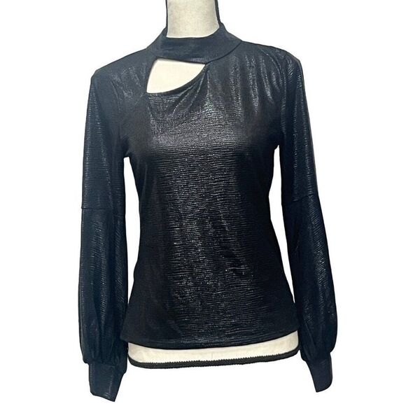 Halogen Women’s Metallic Cutout Mock Neck Top in Rich Black, Sz. S - Picture 1 of 12